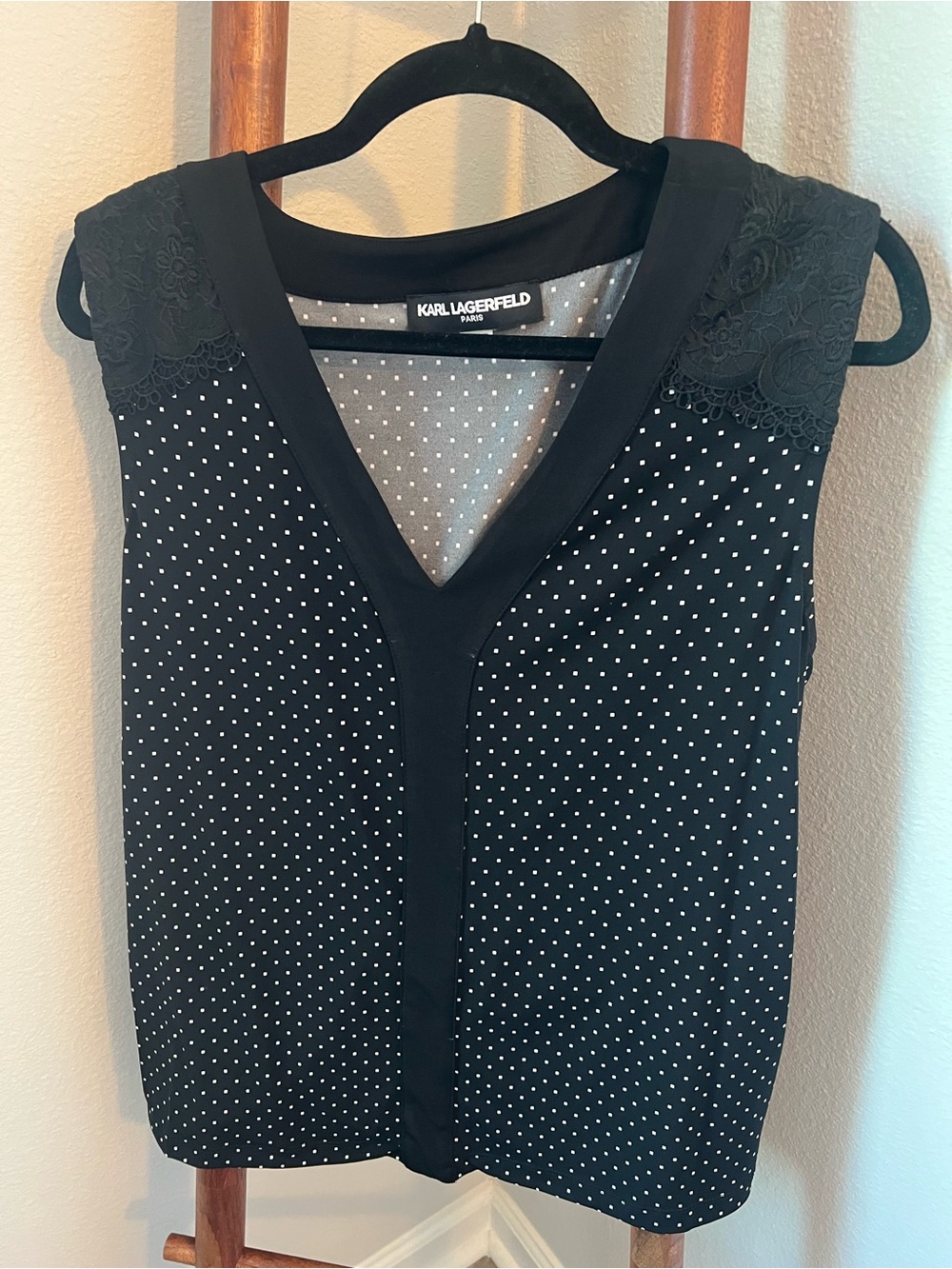 Karl Lagerfeld Black Polka Dot V-Neck Lace-Trim Camisole